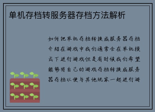 单机存档转服务器存档方法解析